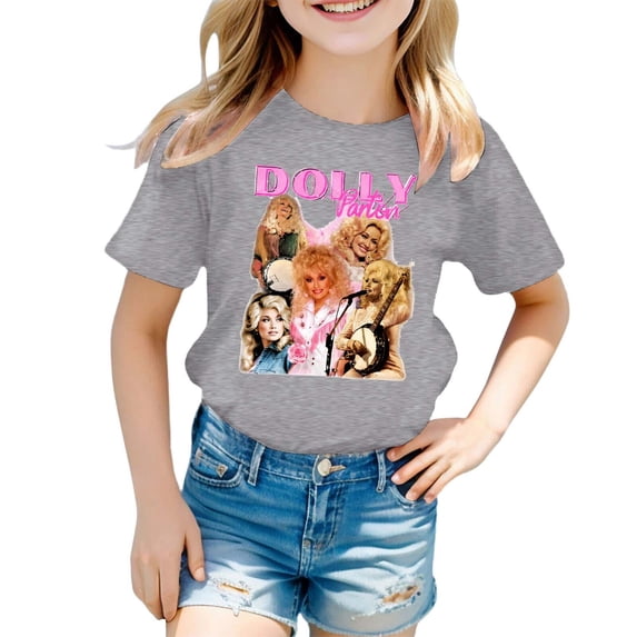 Toddler Kids Boys Girls Dolly Shirts Country Music Legend T-Shirt Crewneck Short Sleeve Casual Tops Shirts Blouse Grey 4-5 Years
