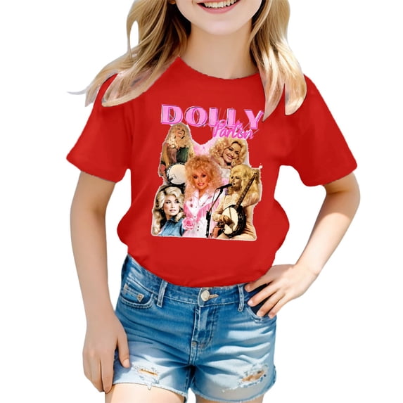 Toddler Kids Boys Girls Dolly Shirts Country Music Legend T-Shirt Crewneck Short Sleeve Casual Tops Shirts Blouse Red 3-4 Years