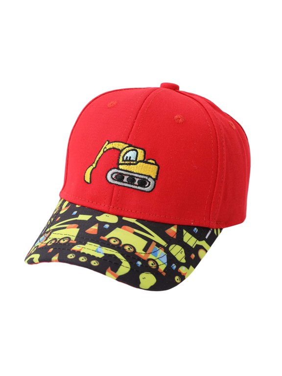 Toddler Kids Boys Girls Excavator Baseball Cap Construction Truck Print Embroidered Front Curved Brim Adjustable Back Summer Outdoor Hat Accessories