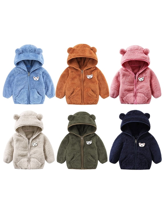 Toddler Kids Boys Girls Fleece Hooded Jacket With Cute Bear Ears And Patch Zip Up Warm Outerwear Coat 18-24 Months Spring Fall Winter Jackets