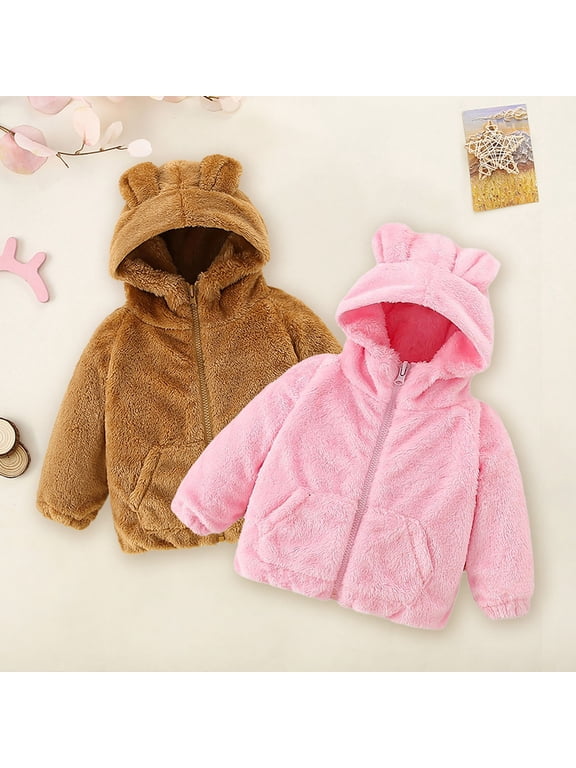 Toddler Kids Boys Girls Fuzzy Bear Ear Hooded Fleece Jacket Zip Up Winter Warm Coat 2-3 Years Outerwear Streetwear