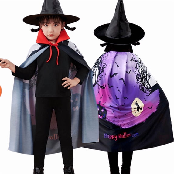 Toddler Kids Boys Girls Halloween Cape with Witch Hat and Skull Print for Festive Holiday Party Dress Up Outerwear Poncho One Size