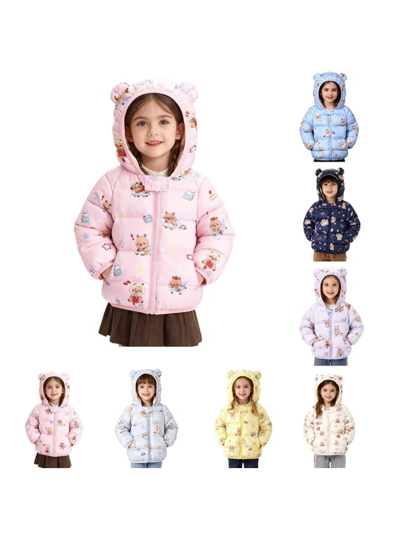 Toddler Kids Boys Girls Hooded Puffer Jacket With Cute Bear Ear And Cartoon Party Print Zip Up Warm Outerwear Coat 6-12 Months Spring Fall Winter Jackets