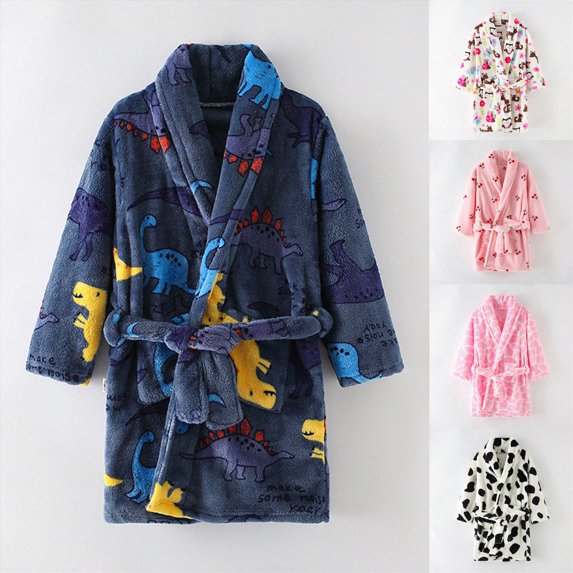 Toddler Kids Boys Girls Print Bathrobes Hooded Warm Flannel Night Robe Sleepwear Pajamas Robe