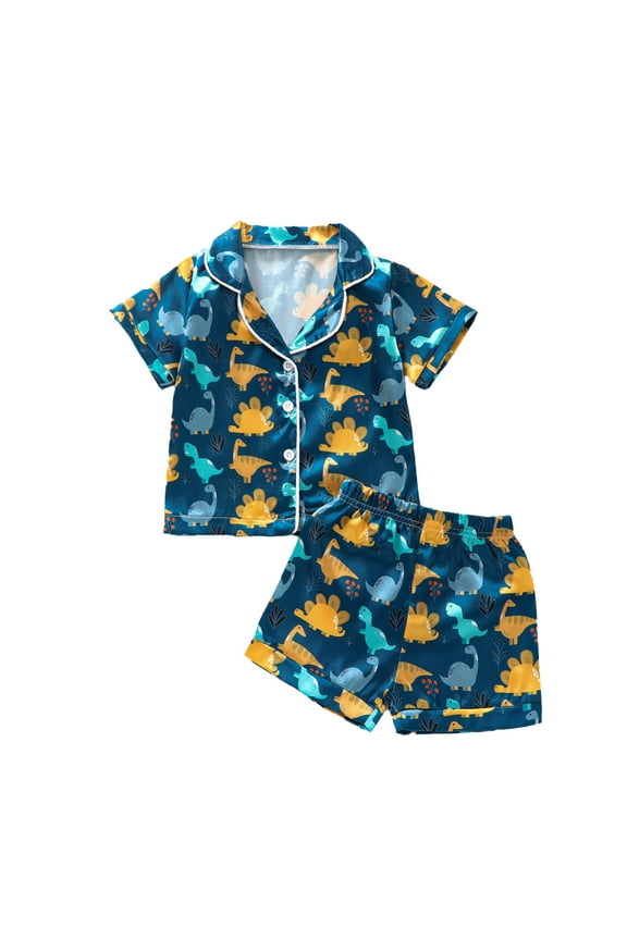 Toddler Kids Boys Girls Summer Pajamas 12M 24M 2T 3T 4T 5T 6T 7T Short Sleeve Lapel Button Shirt + Ice Cream/Dinosaur Shorts