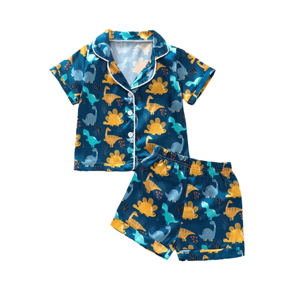 Toddler Kids Boys Girls Summer Pajamas 12M 24M 2T 3T 4T 5T 6T 7T Short Sleeve Lapel Button Shirt   Ice Cream/Dinosaur Shorts