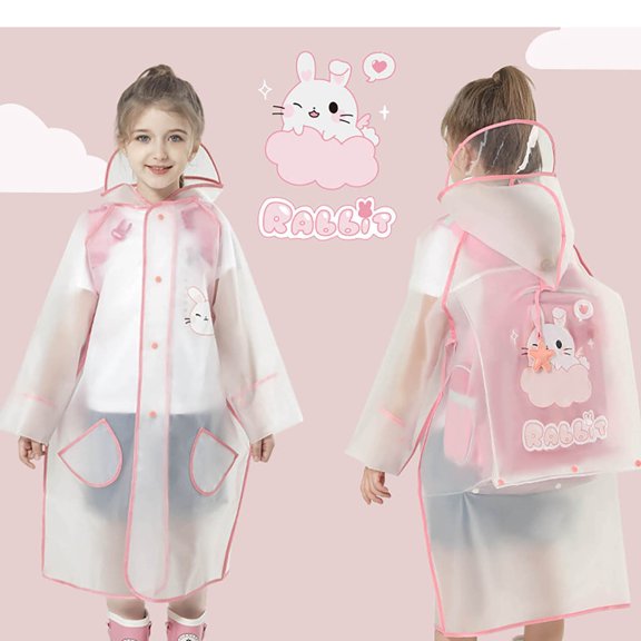 Toddler Kids Boys Girls Transparent Bag Rain Coat Hooded Poncho School Travel Rainwear Lightweight Waterproof Outwear