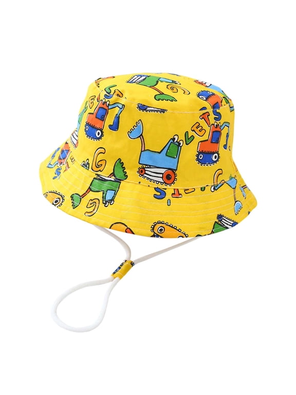 Toddler Kids Boys Girls Truck Bucket Hat Construction Vehicle Print Wide Brim Flat Crown Drawstring Chin Strap Summer Beach Outdoor Accessories