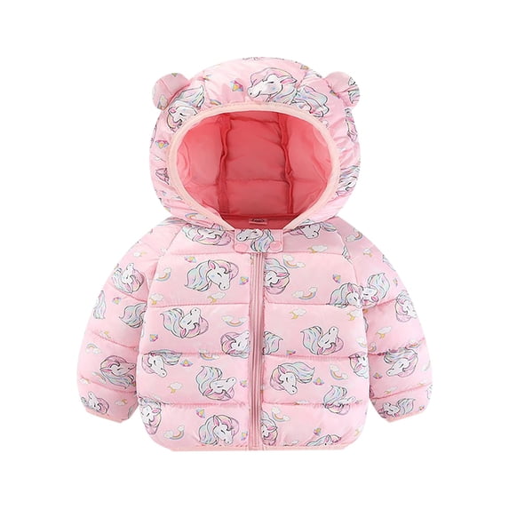 Toddler Kids Boys Girls Unicorn Print Hooded Puffer Coat Animal Ear Zip Up Winter Jacket 3-4 Years