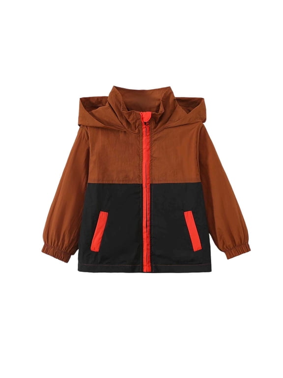 Toddler Kids Boys Girls Unisex Color Block Hooded Windbreaker Jacket with Zip Up Front for School Outdoor Outerwear Coat 12-18 Months