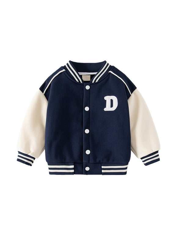 Toddler Kids Boys Girls Varsity Jacket Long Sleeve Button Down Letter D Print Warm Cozy Windproof Outerwear 3-4 Years