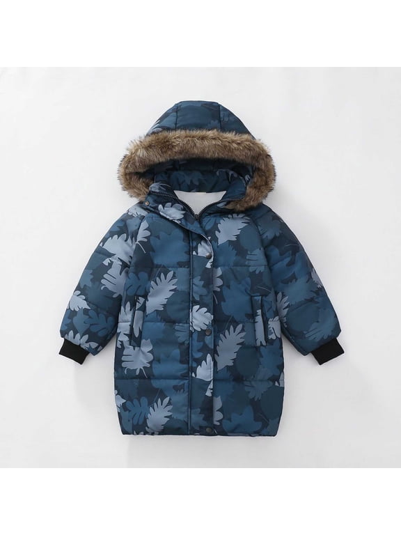 Toddler Kids Boys Hooded Puffer Coat with Camo Print and Faux Fur Trim for Winter Warm Outdoor Outerwear Jacket Lightweight Coat 5-6T