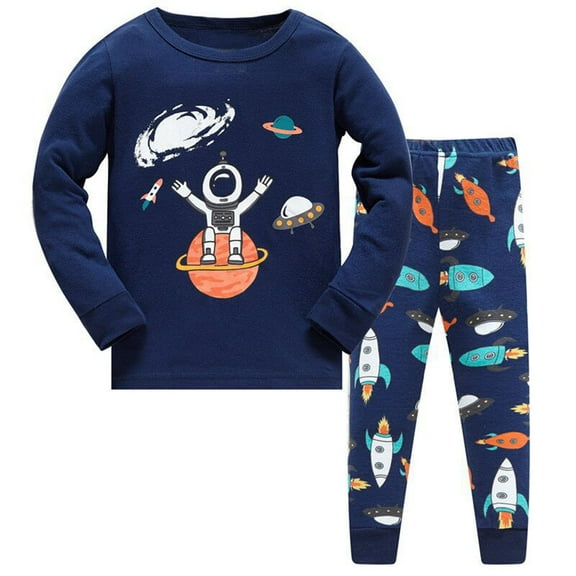 Toddler Kids Boys Pajamas Planet Cotton Kids 2 Piece Pj'S Long Sleeve Sleepwear Clothes Set Outfits Dark Blue Homewear For Kids 5 Years-6 Years