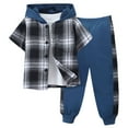 thumbnail image 1 of Toddler Kids Boys Plaid Shirt and Pants Set Short Sleeve Lattice Button Down Hooded Breathable Sweatpants Outfits Two Piece Set Blue 3T, 1 of 8