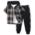 thumbnail image 1 of Toddler Kids Boys Plaid Shirt and Pants Set Short Sleeve Lattice Button Down Hooded Breathable Sweatpants Outfits Two Piece Set Brown 2T, 1 of 9