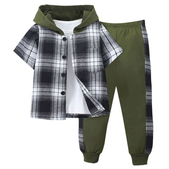 Toddler Kids Boys Plaid Shirt and Pants Set Short Sleeve Lattice Button Down Hooded Breathable Sweatpants Outfits Two Piece Set Green Size 5T