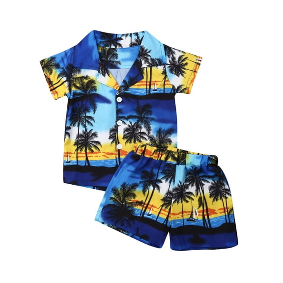 Toddler Kids Boys Summer Clothes Set Short Sleeved Shirts with Short Pants 2pc Set Hawaiian Island Sunset Beachwear