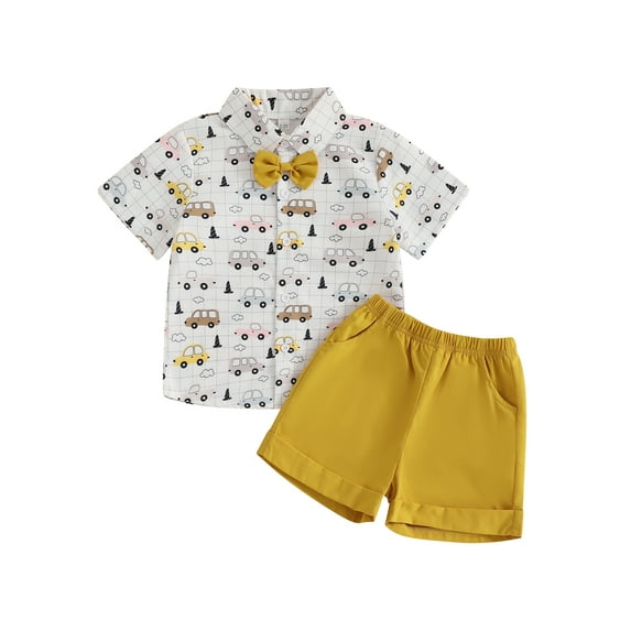 Toddler Kids Boys Summer Shorts Clothing Sets 12 18 24 Months 2T 3T 4T 5T Short Sleeve Lapel Car/Excavator Print Tops and Solid Color Shorts Outfits