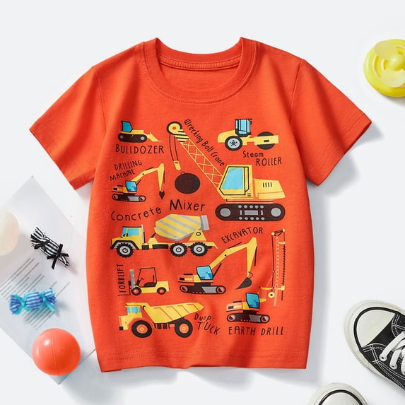 Toddler Kids Boys T Shirts Short Sleeve Tops For Crewneck Shirts Excavator Print For Casual Outdoor And Tshirt Tops 6-7 Years