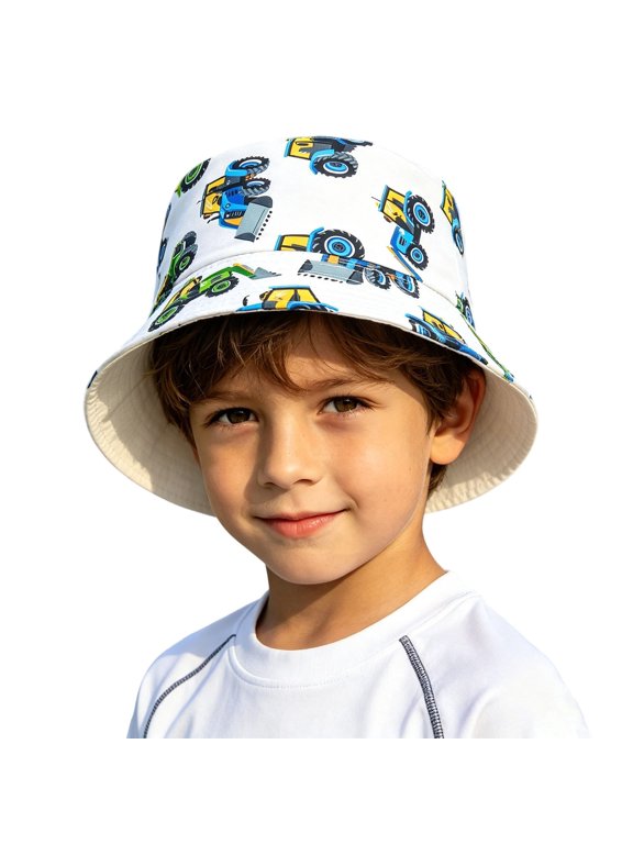 Toddler Kids Boys Tractor Bucket Hat Allover Construction Vehicle Print Wide Brim Summer Beach Vacation Outdoor Casual Accessories