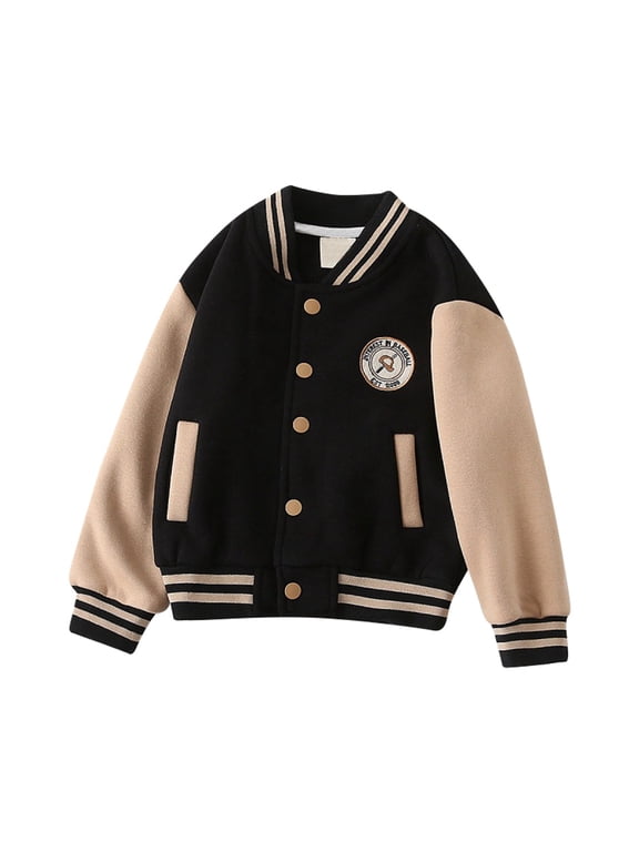 Toddler Kids Boys Varsity Jacket Long Sleeve Button Down Badge Print Warm Cozy Windproof Classic Outerwear 3-4 Years
