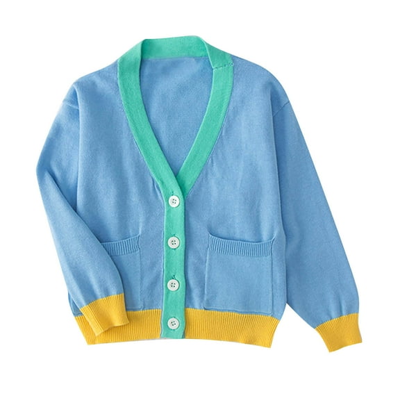 Toddler Kids Cardigan Sweaters Button Up Colorblock Long Sleeve Casual Jacket Outerwear Pockets Baby Girl Boy Knit Coat (18-24 Months, Blue)