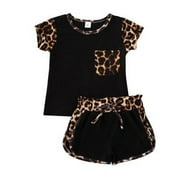 LUIRYARE Toddler Kids Child Baby Girl Clothes Set Summer Short Sleeve Pocket Round Neck Top Shorts Leopard Clothing Outfits 2PCs