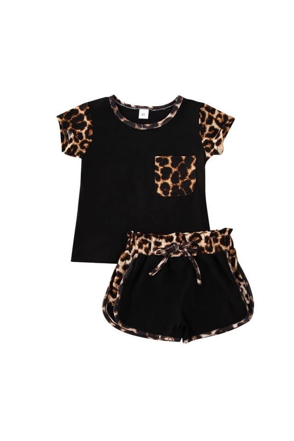 Toddler Kids Child Baby Girl Clothes Set Summer Short Sleeve Pocket Round Neck Top Shorts Leopard Clothing Outfits 2PCs
