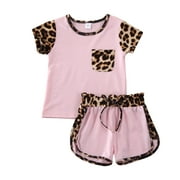 Toddler Kids Child Baby Girl Clothes Set Summer Short Sleeve Pocket Round Neck Top Shorts Leopard Clothing Outfits 2PCs