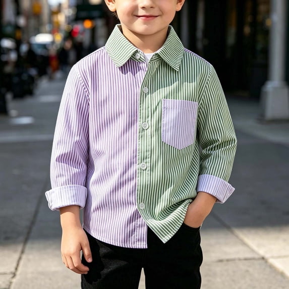 Toddler Kids Color Block Striped Button Down Shirt, Boys Patchwork Long Sleeve Spread Collar Top with Chest Pocket, Casual Outfit for School Party Daily Spring Fall Toddler Multicolor-B 6-7 Years(6-7