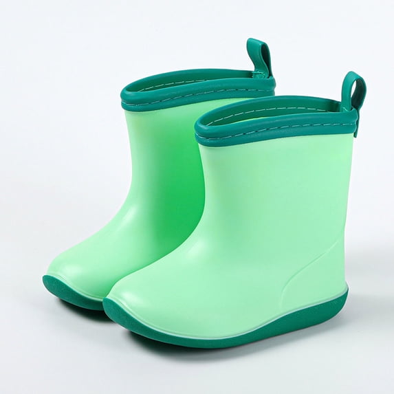 Toddler Kids Contrast Trim Mid Calf Rain Boots Rear Pull Tab Round Toe Tread Non Slip Waterproof PVC Wellies for Park Rainy Outdoor Play Green 7 Years
