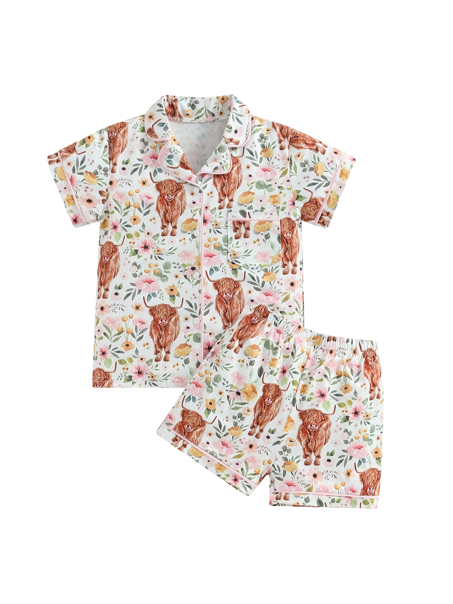 Toddler Kids Cow Print Short Sleeve ButtonUp Pajamas Top Shorts Summer 2PC Western Pajamas Set