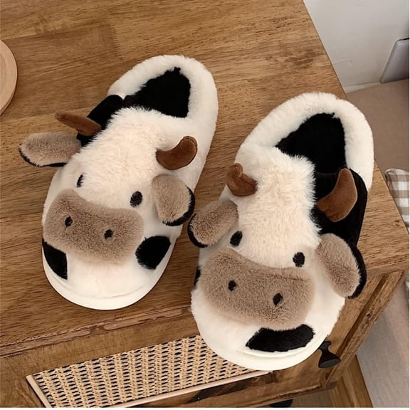 Toddler Kids Cow Slippers Girls Boys House Shoes Winter Slippers Plush Warm Soft With Cute Cartoon Design Indoor Shoes White 5 Y-5.5 Y