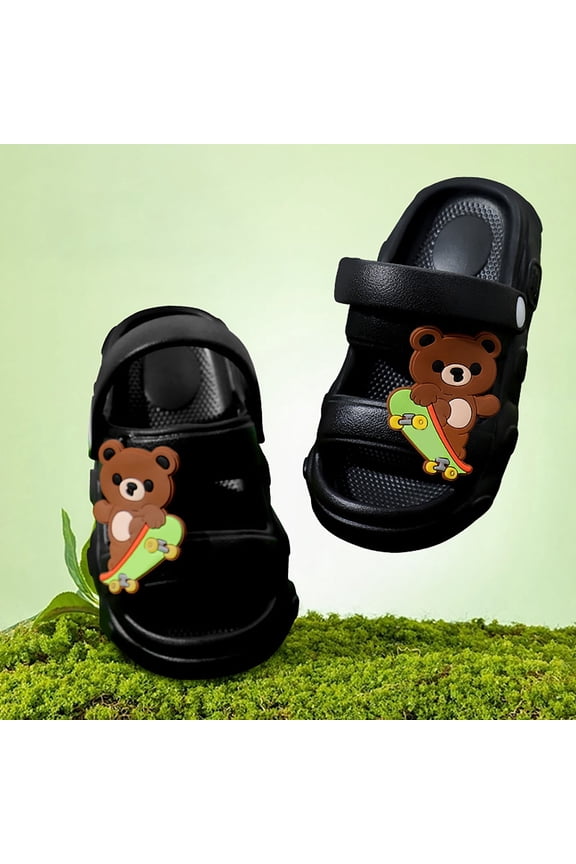 Toddler Kids Cute Bear Slide Sandals, Antiskid Closed Toe Summer Slippers for Boys Girls Indoor Outdoor Beach Shoes Black 12-13 Years