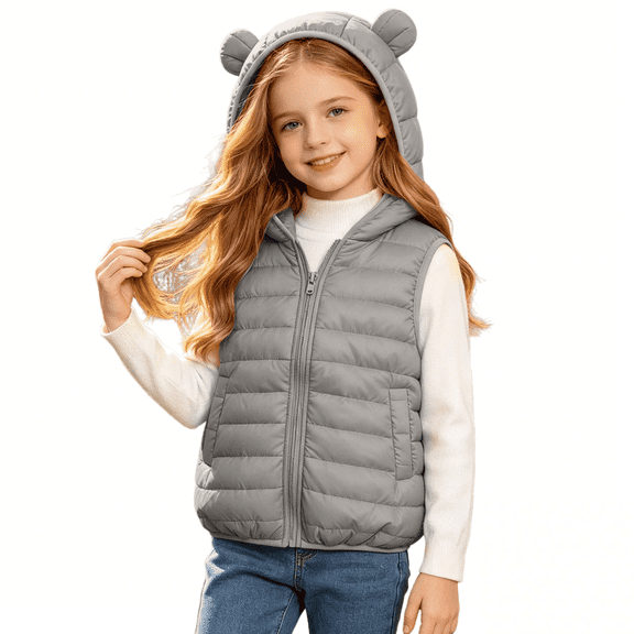 Toddler Kids Cute Hooded Puffer Vest Lightweight Zip Up Jacket Size 12-14