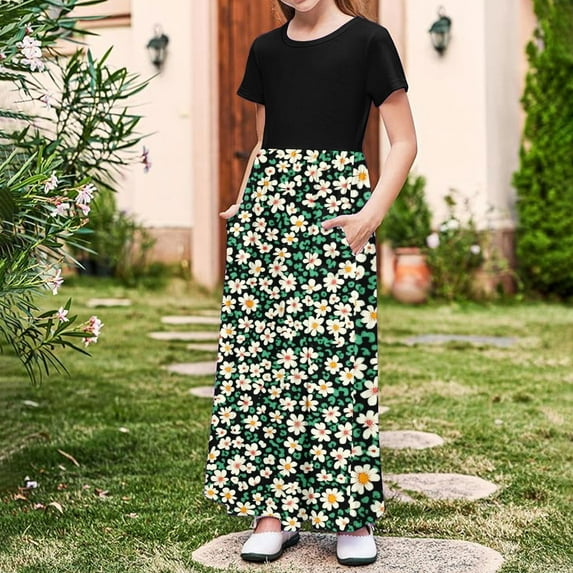 Toddler Kids Cute Solid Color Splicing Color Short Sleeve Stretchy Pocket Dress A Line Long Dress Going Out Dresses For Kids