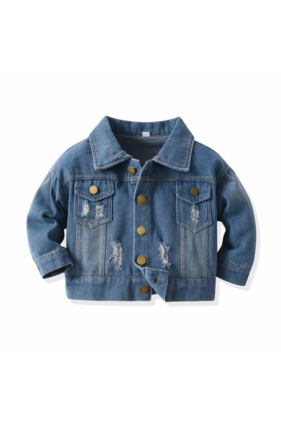 Toddler Kids Distressed Ripped Denim Jacket Boys Girls Lapel Gold Button Long Sleeve Casual Jean Coat for Spring Fall Blue 2-3 Years