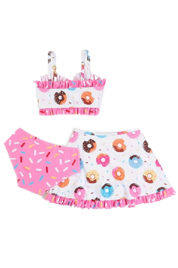 Toddler/Kids Donut Print Swimsuit Set - 2-Piece Sleeveless Bikini Top & Skirted Bottom with Ruffled Trim (Cute Dessert Beachwear)