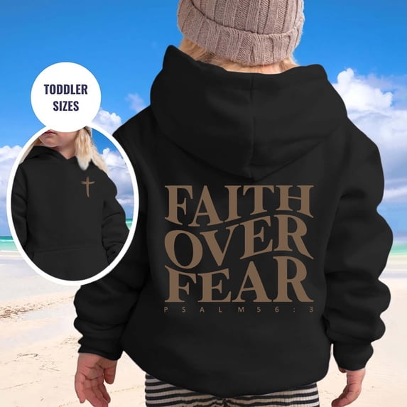 Toddler Kids Faith Over Fear Letter Print Pullover Hoodie, Cozy Lined Long Sleeve Hooded Sweatshirt For Boys Girls Ages 2-13, 9 Solid Color Options