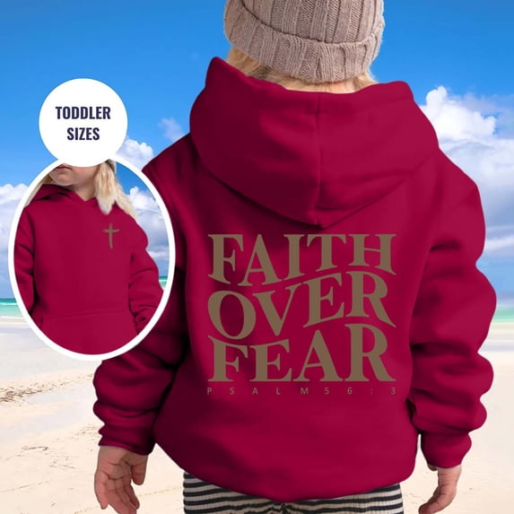 Toddler Kids Faith Over Fear Letter Print Pullover Hoodie, Cozy Lined Long Sleeve Hooded Sweatshirt For Boys Girls Ages 2-13, 9 Solid Color Options