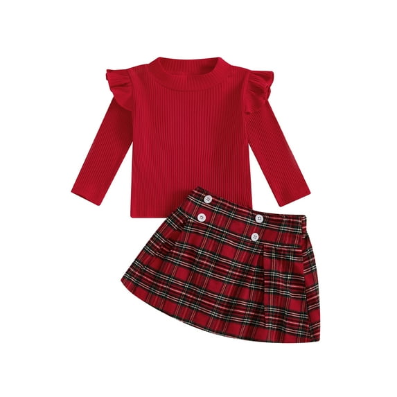 Toddler Kids Girl 2 Piece Outfit 12 18 24 Months 2T 3T 4T 5T Ribbed Long Sleeve Shirt and Plaid Skirt Set for Baby Fall Cute Clothes