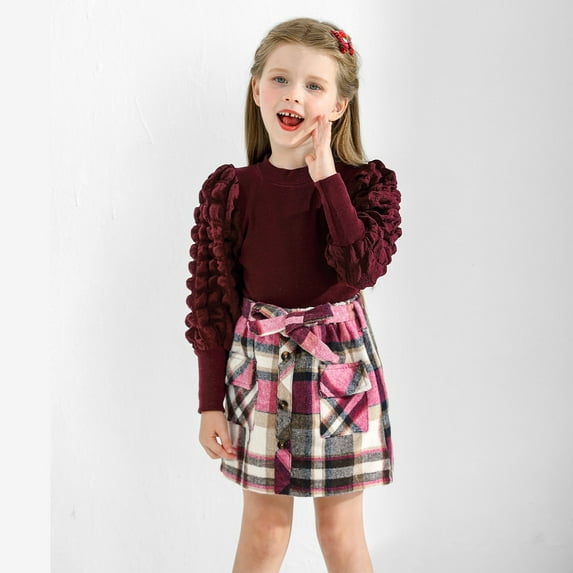Toddler Kids Girl Clothes Casual Skirt Set Solid Turtleneck Knit Sweater Plaid Mini Skirt 2Pcs Fall Winter Outfits