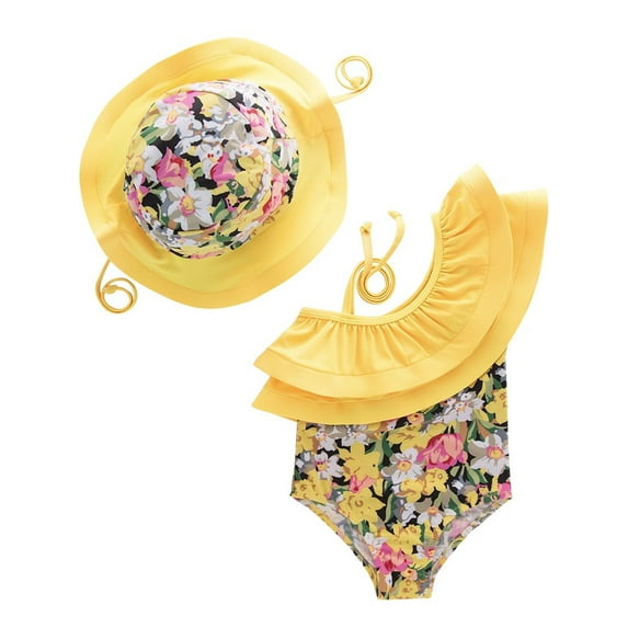 Toddler Kids Girl Cute and Fun One-Piece Swimsuit with Hat 2pcs Set Bathing Pool Beach Swimwear ( Yellow Flowers, 2T)