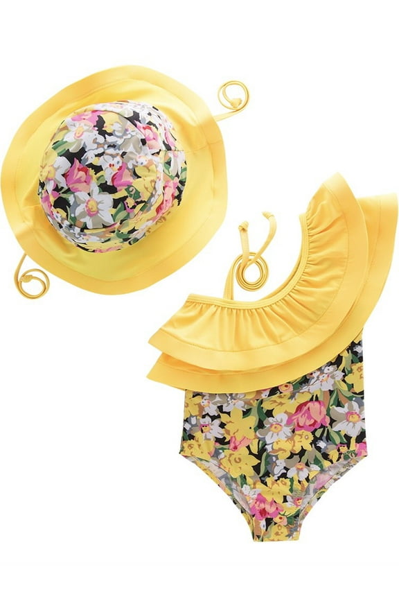 Toddler Kids Girl Cute and Fun One-Piece Swimsuit with Hat 2pcs Set Bathing Pool Beach Swimwear ( Yellow Flowers, 3T)