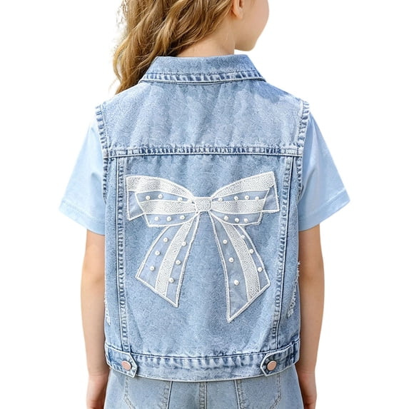 Toddler Kids Girl Denim Vest Button Down Jacket W Chest Pockets Washed Distressed Sleeveless Jean Jacket Blue A 9 Years