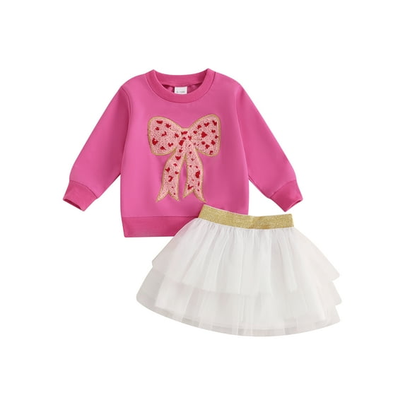 Toddler Kids Girl Fall Outfit 6 12 18 24 Months 2T 3T 4T Bow Embroidery Long Sleeve Sweatshirt with A Line Tulle Skirt Clothing Set