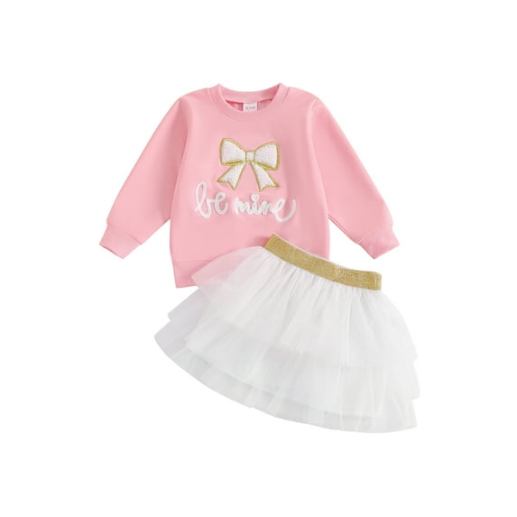 Toddler Kids Girl Fall Outfit 6 12 18 24 Months 2T 3T 4T Bow Embroidery Long Sleeve Sweatshirt with A Line Tulle Skirt Clothing Set
