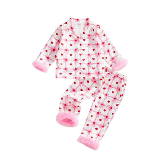 Toddler Kids Girl Heart Bow Print Pjs Long Sleeve Button Shirt Top and Pants Valentine’s Day Pajamas Set 2Pcs
