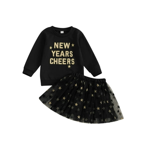 Toddler Kids Girl New Year Skirt Outfit,12 18 24 Months 2T 3T 4T 5T 6T 7T Letter Embroidery Long Sleeve Sweatshirt Glitter Star Print Tulle Skirt 2 Piece Clothing Set