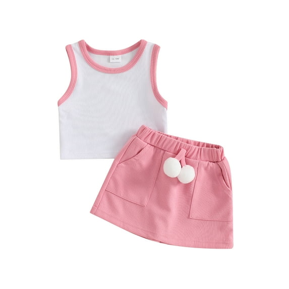 Toddler Kids Girl Summer Clothes Set 12 18 24 Months 2T 3T 4T 5T Sleeveless Round Neck Tank Tops Plush Ball Skorts Shorts Outfit